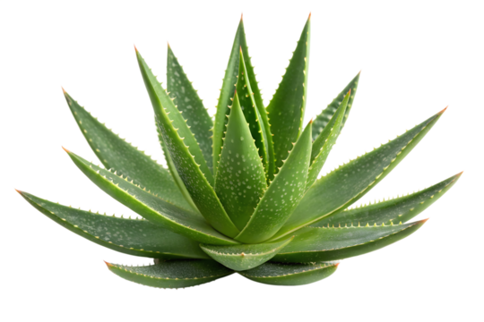A vibrant green aloe vera succulent plant with spiky leaves, isolated on a clean white background for herbal medicine and skincare concepts