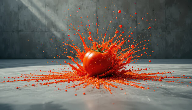 A fresh tomato exploding on impact with dynamic red splashes spreading across a concrete surface creating a powerful high speed food concept shot with dramatic lighting
