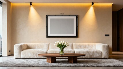 Modern living room with beige sofa, wooden coffee table, and wall-mounted artwork under warm lighting