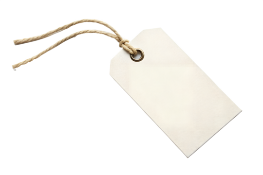 A blank off-white paper price tag or gift label with a reinforced hole and rustic jute twine string, isolated on a white background with copy space - Powered by Adobe