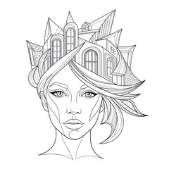 Surreal line art portrait of a woman with an architectural city crown.