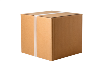 Cardboard box with adhesive tape, isolated on white background, packaging, brown kraft paper, square shape, delivery concept, logistics