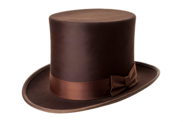 A classic brown top hat with a satin ribbon and bow, representing vintage fashion and elegance, isolated on a clean white background for versatile design use