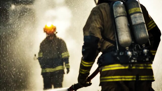A firefighter is spraying water from a fire hydrant, ready for action