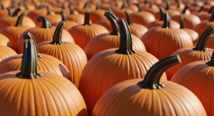 Closeup of freshly harvested pumpkins in a field ready for autumn season