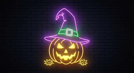 Glowing neon jackolantern with witch hat in spooky purple and green lights