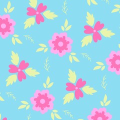 Bright Pink and Blue Floral Seamless Pattern Illustration