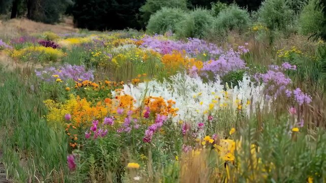 Medium shot of seasonal pollinator strip with blooming flowers changing colors demonstrating adaptive planting strategies for yearround pollinator support and biodiversity.