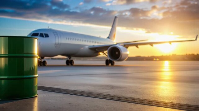 Airplane runway sunrise with eco fuel barrel foreground highlighting sustainable aviation energy, clean sky, environmental innovation, and eco