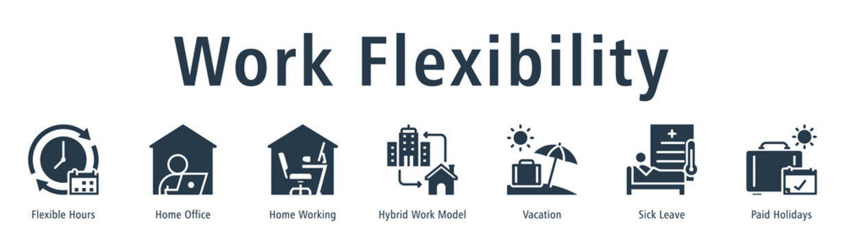 Work flexibility web banner icon vector illustration concept with icon of flexible hours, home office, home working, hybrid work model, vacation, sick leave, and paid holidays.