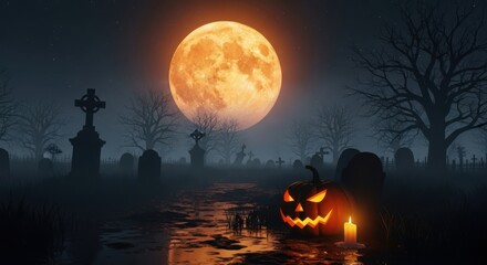 Spooky halloween graveyard with full moon, jackolanterns, and foggy atmosphere