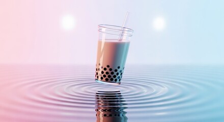 A clear glass of bubble tea, complete with boba and straw, sits atop rippling, reflective surface in studio lit soft, pastel gradients. copy space.