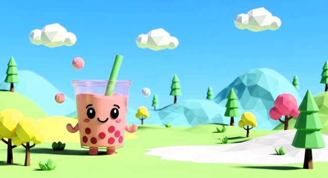 A delightful landscape features cheerful bubble tea character enjoying sunny day amid rolling hills, stylized trees, and al clouds in the bright blue sky. copy space.