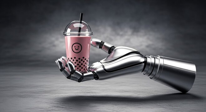 shiny, metallic robot hand carefully supports plastic cup of pink bubble tea adorned with cheerful smiley face, copy space.