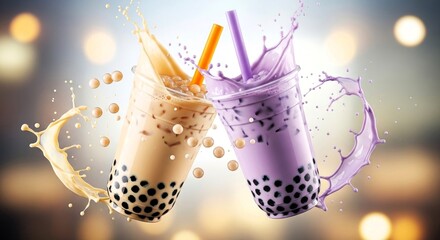 Two colorful bubble tea beverages, one milk and taro, joyfully splash collide against a blurred, bokeh-lit backdrop, creating visually dynamic scene. copy space.