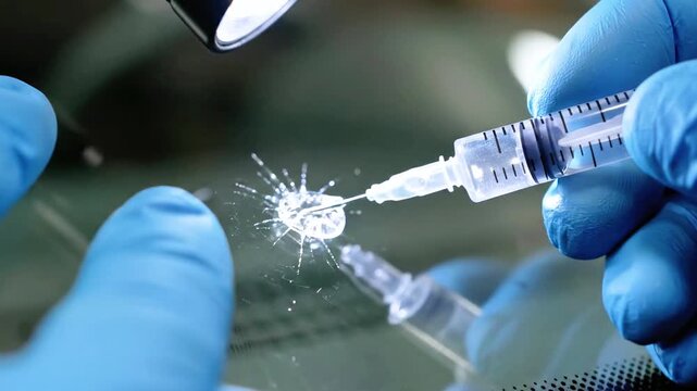 A gloved hand injects sealant into a spiderweb crack on a glass surface with a syringe - Powered by Adobe