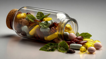 A glass bottle filled with multivitamins, natural tinctures, and plant-based pills on a white background.