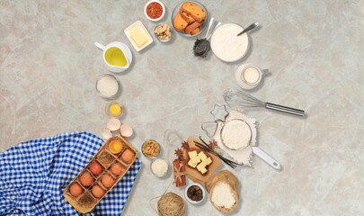 Ingredients for baking, eggs, flour, butter, milk