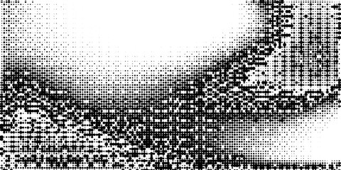 Bitmap pixelated grunge gradient texture. Black and white dither pattern wallpaper. Abstract glitchy pattern. 8 bit video game background. Wide raster backdrop. Retro pixel art Illustration. Vector