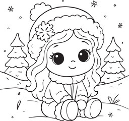 Minimal Toddler Silhouette Line Art Collection – Simple Baby Activity Outlines on White Background- Cute baby girl sitting in snow falling background