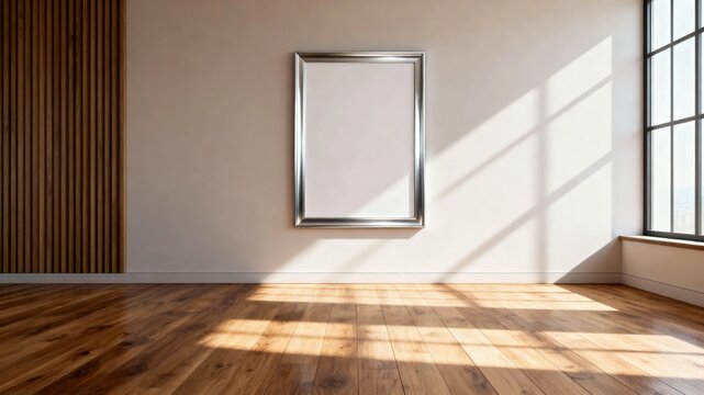Empty room with wooden floor, white wall, and framed picture placeholder near a window with sunlight casting shadows