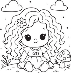Minimal Toddler Silhouette Line Art Collection- Curly hair cute girl 