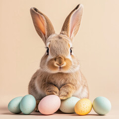 Adorable Easter bunny and pastel colored eggs