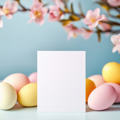 Blank mock up card in a festive arrangement with colored Easter eggs and spring flowers