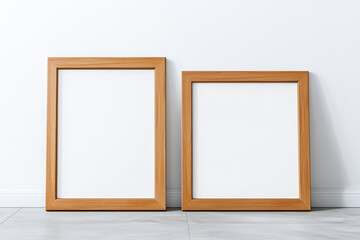 Wooden mock up poster frames by the wall