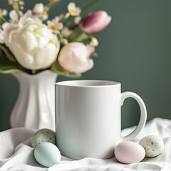 Blank white coffee cup mock up with a decoration of spring flowers and Easter eggs