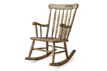 Vintage wooden rocking chair presenting rustic decay, old antique furniture with worn texture on transparent background