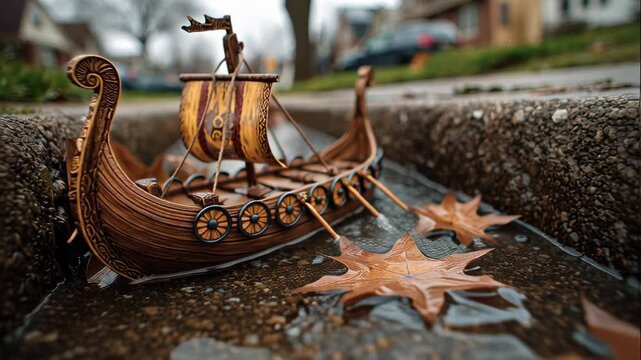 Miniature Viking ship sailing in urban rainwater with autumn leaves