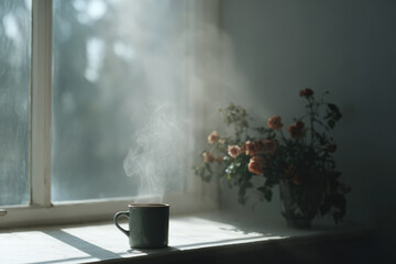 steaming cup of coffee sits amidst bouquet of fresh flowers emanating inspiring phrases into air
