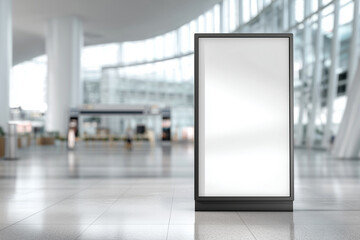 Blank vertical billboard mockup inside a modern public space, ideal for displaying digital advertisements, marketing designs, or branding presentations in transportation hubs or commercial interiors