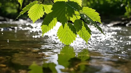 Vibrant green leaves adorned with refreshing water droplets reflect beautifully in a sparkling sunlit stream Capturing tranquil nature with clear water ripples - Powered by Adobe