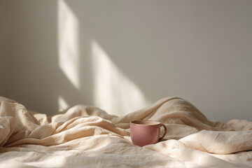 cozy bed inviting you to relax with soft crumpled sheets and gentle morning light