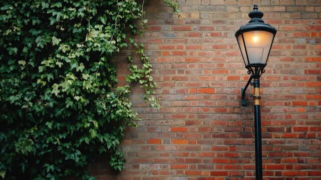 A single street light stands on the side of a brick wall, providing a source of illumination in the darkness