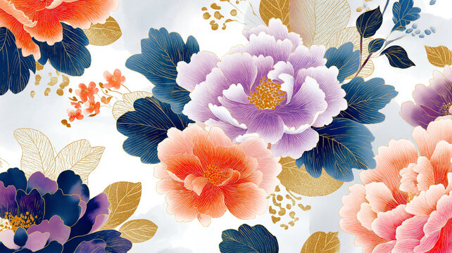 華やかな花模様と抽象的な背景が織りなす和風アートデザイン素材。金箔風の装飾が美しく、和柄、伝統、装飾、背景、パターンに最適なイラスト。