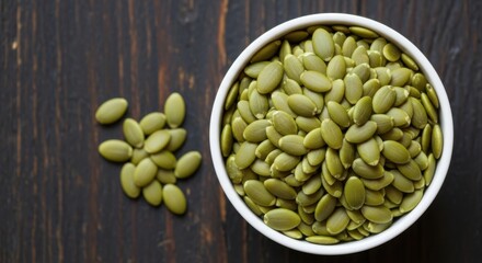 Closeup of green pumpkin seeds in a white bowl with scattered seeds on dark surface