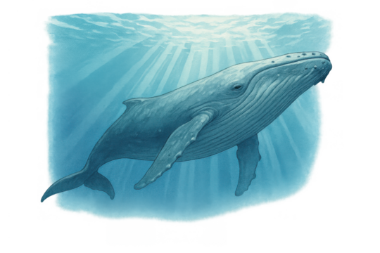 Humpback whale swimming underwater with sunbeams, ocean marine life in open blue water, transparent background illustration