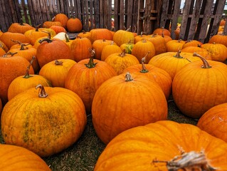 Pile of Fresh Orange Pumpkins Against Rustic Wooden Fence