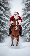 Santa Claus riding a brown horse through a snowy winter forest, a dynamic festive scene for New Year and Christmas holiday