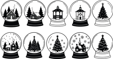 Collection of black and white snow globe illustrations with winter scenes christmas