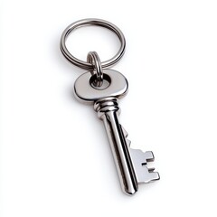 Silver Metal Key with Key Ring on White Background