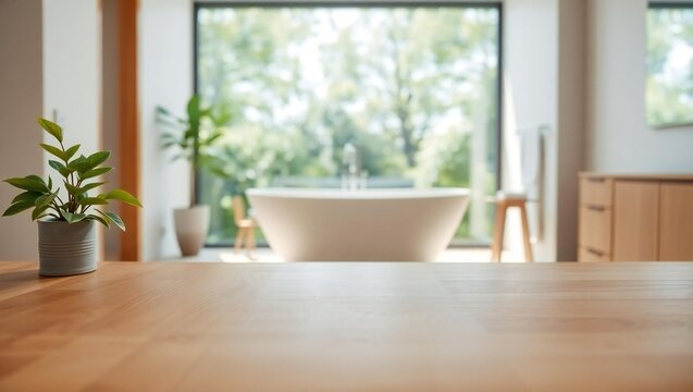 Modern bathroom with freestanding bathtub and large window overlooking lush greenery