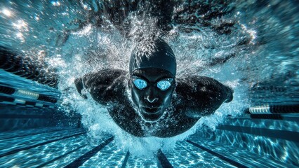 A submerged swimmer, viewed from below, powerfully cuts through water, illuminated in blue