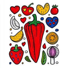 Vibrant Fruit and Vegetable Illustration with Hearts Pixel Art Style