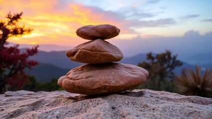Zen balanced stones stacked on a rocky outcrop at sunset
