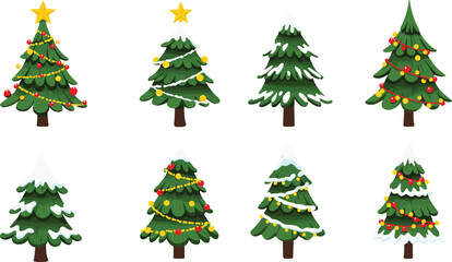 Collection of eight cartoon Christmas trees with snow and lights holiday winter