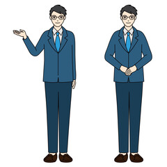Full body illustration of a business man in a suit making a guiding gesture